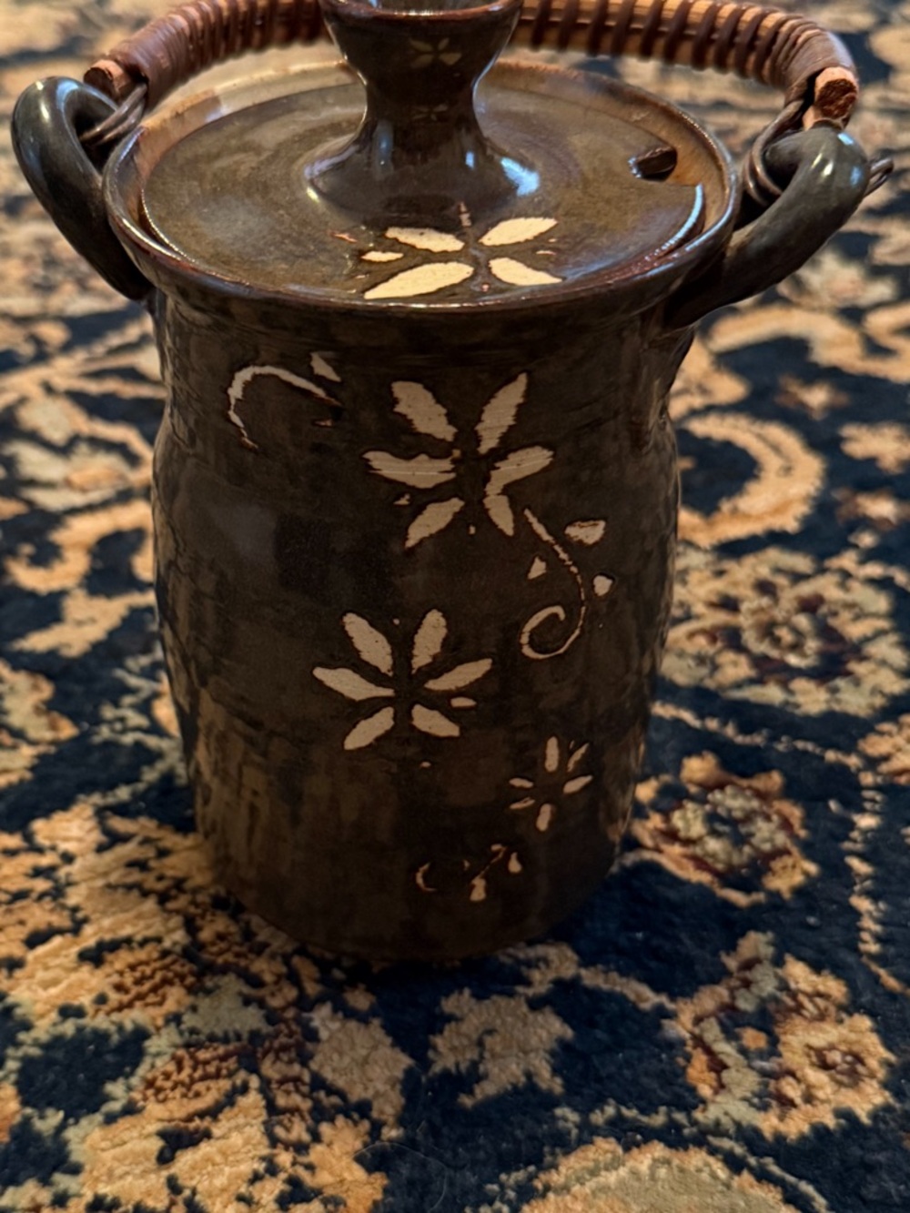 Hand-Painted Floral Ceramic Jar with Lid and Woven Handle - Brown
